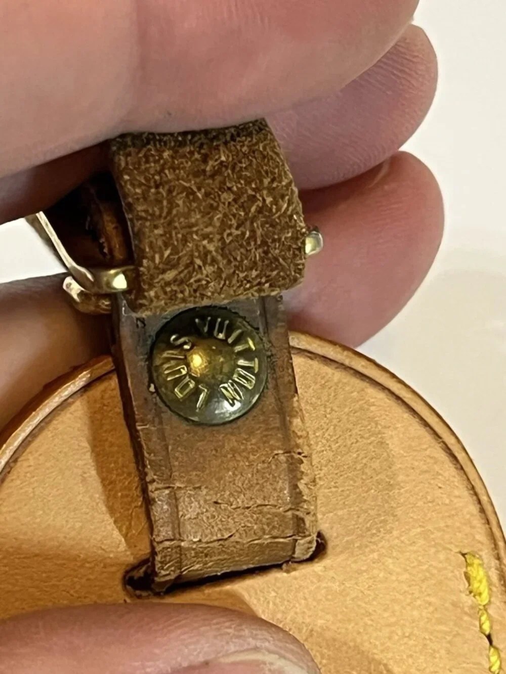 Authentic Louis Vuitton Vachetta Leather Luggage Tag Brass Buckle *Initials KM*